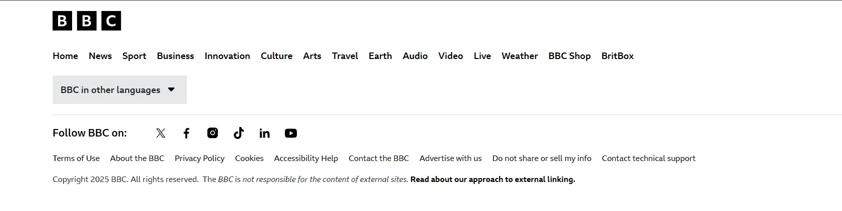 Footer of the BBC News website Footer of the BBC News website