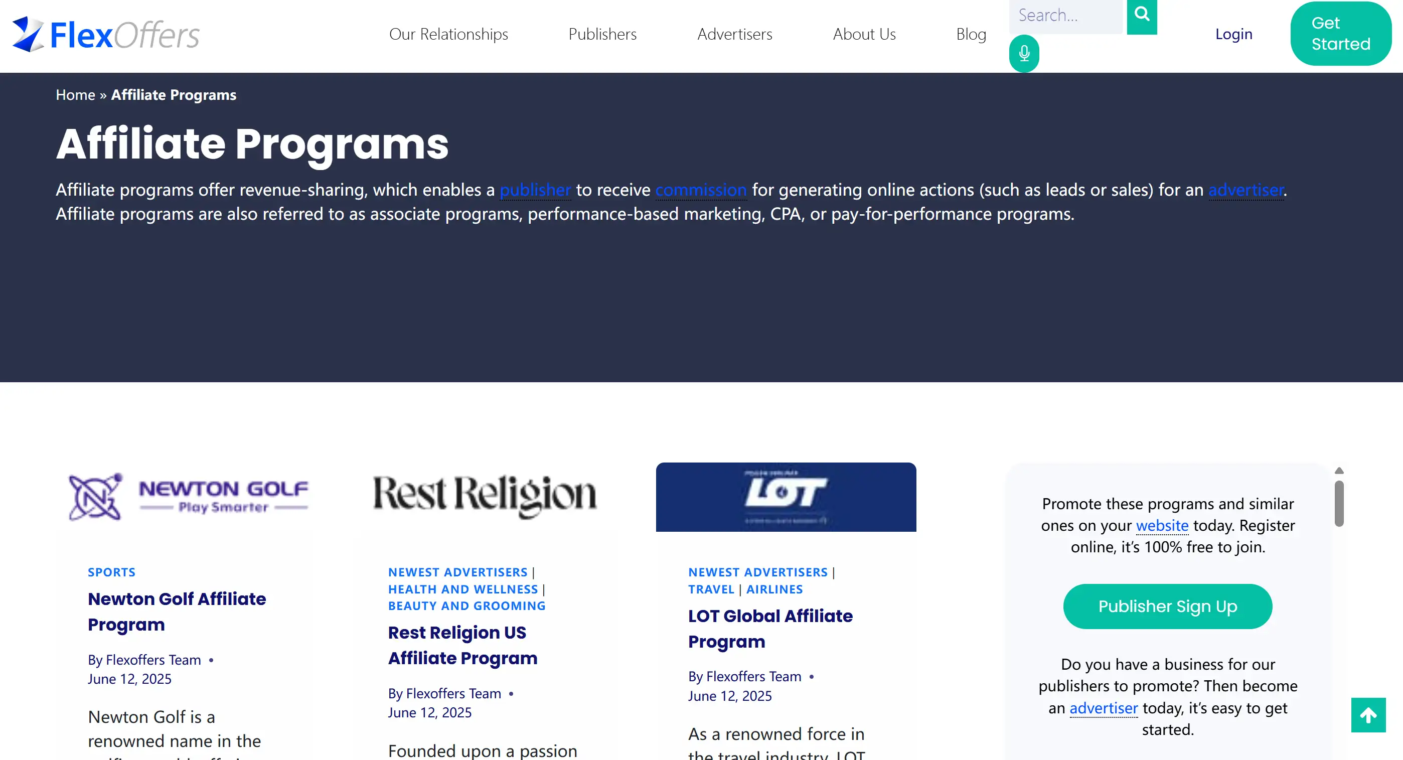 Homepage of FlexOffers affiliate