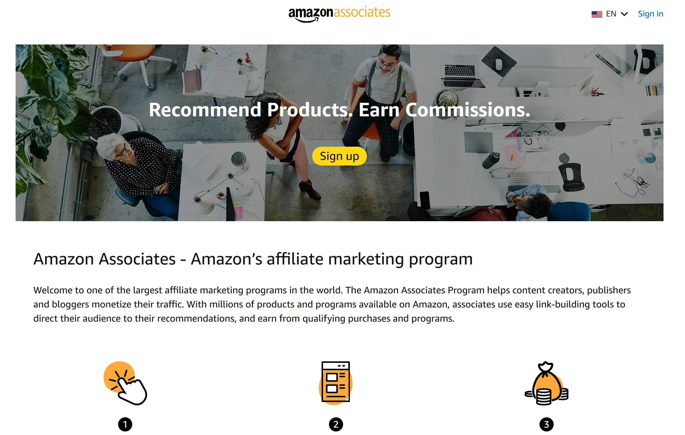 Landing page of Amazon Associates