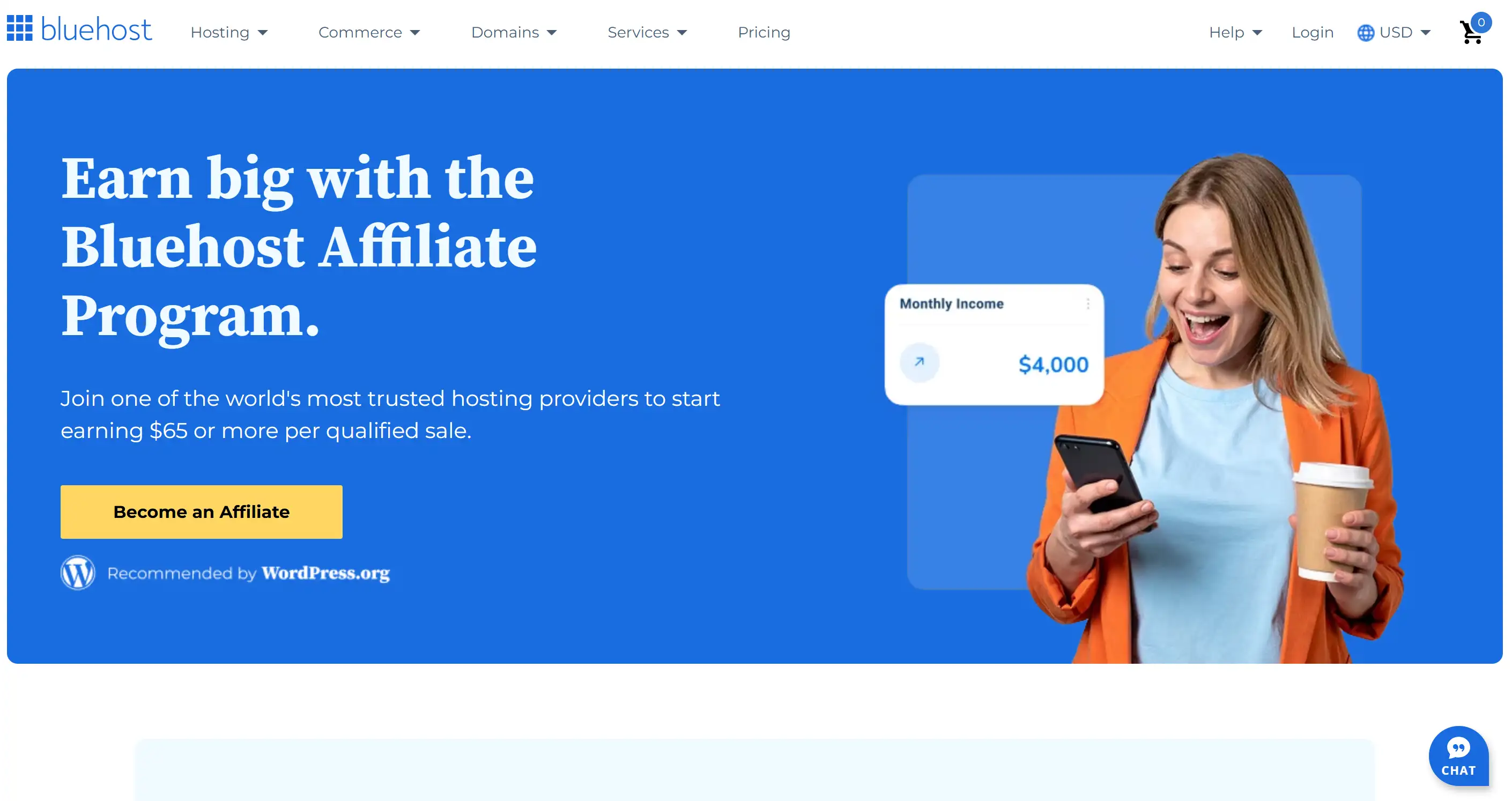 Homepage of Bluehost Affiliate Program