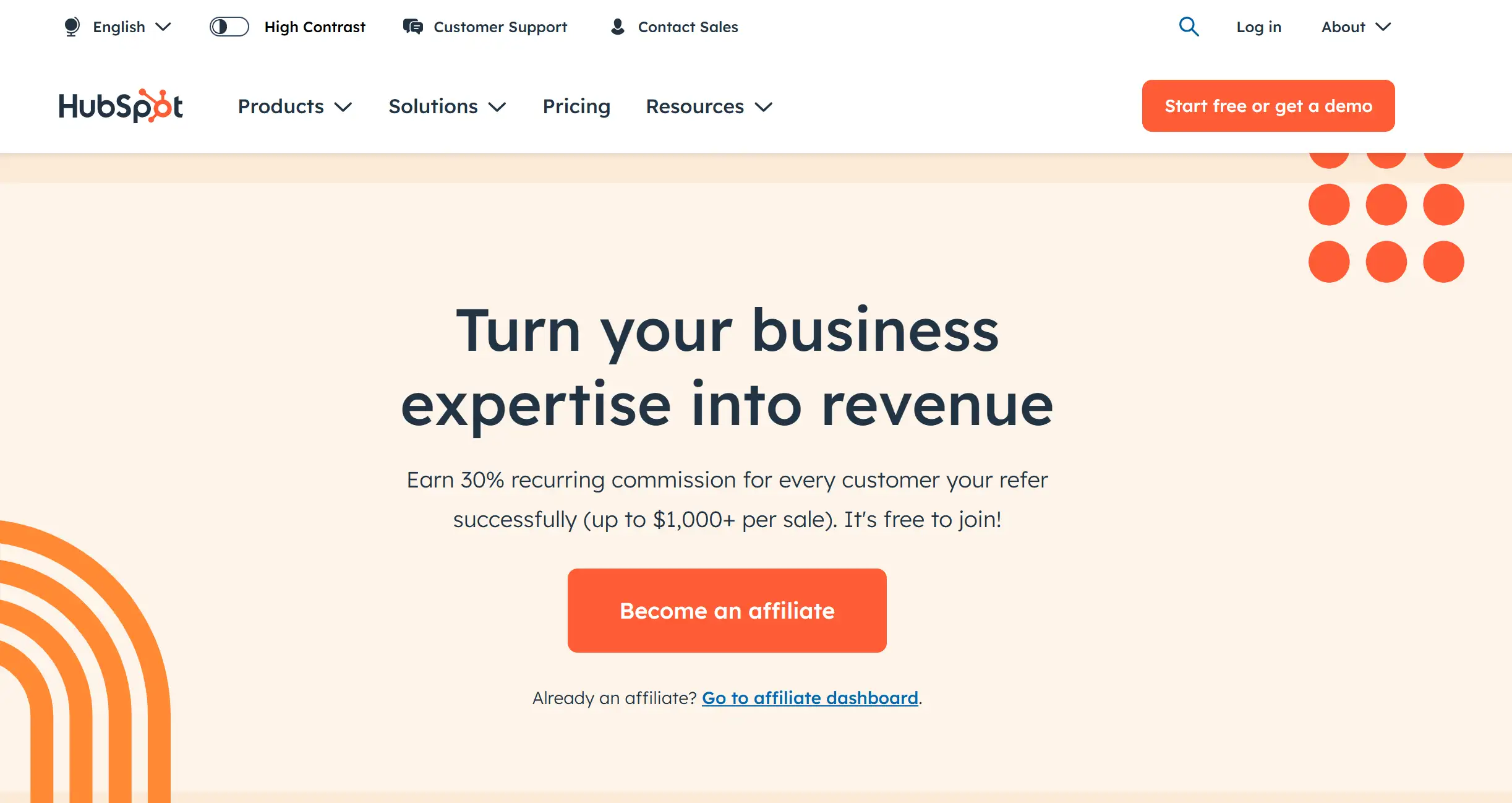 Homepage of HubSpot affiliate program