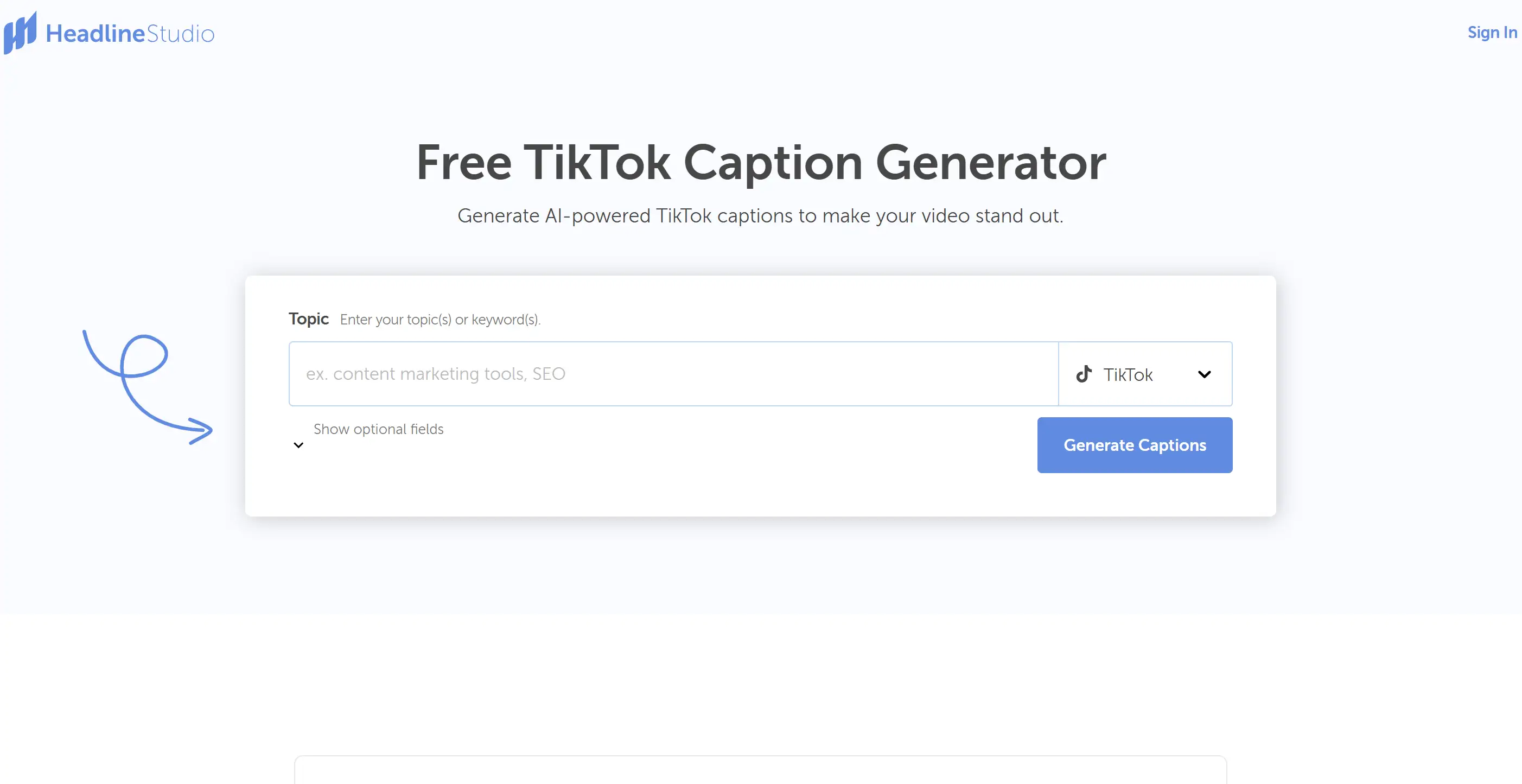 Homepage of CoSchedule TikTok Caption Generator Homepage of CoSchedule TikTok Caption Generator