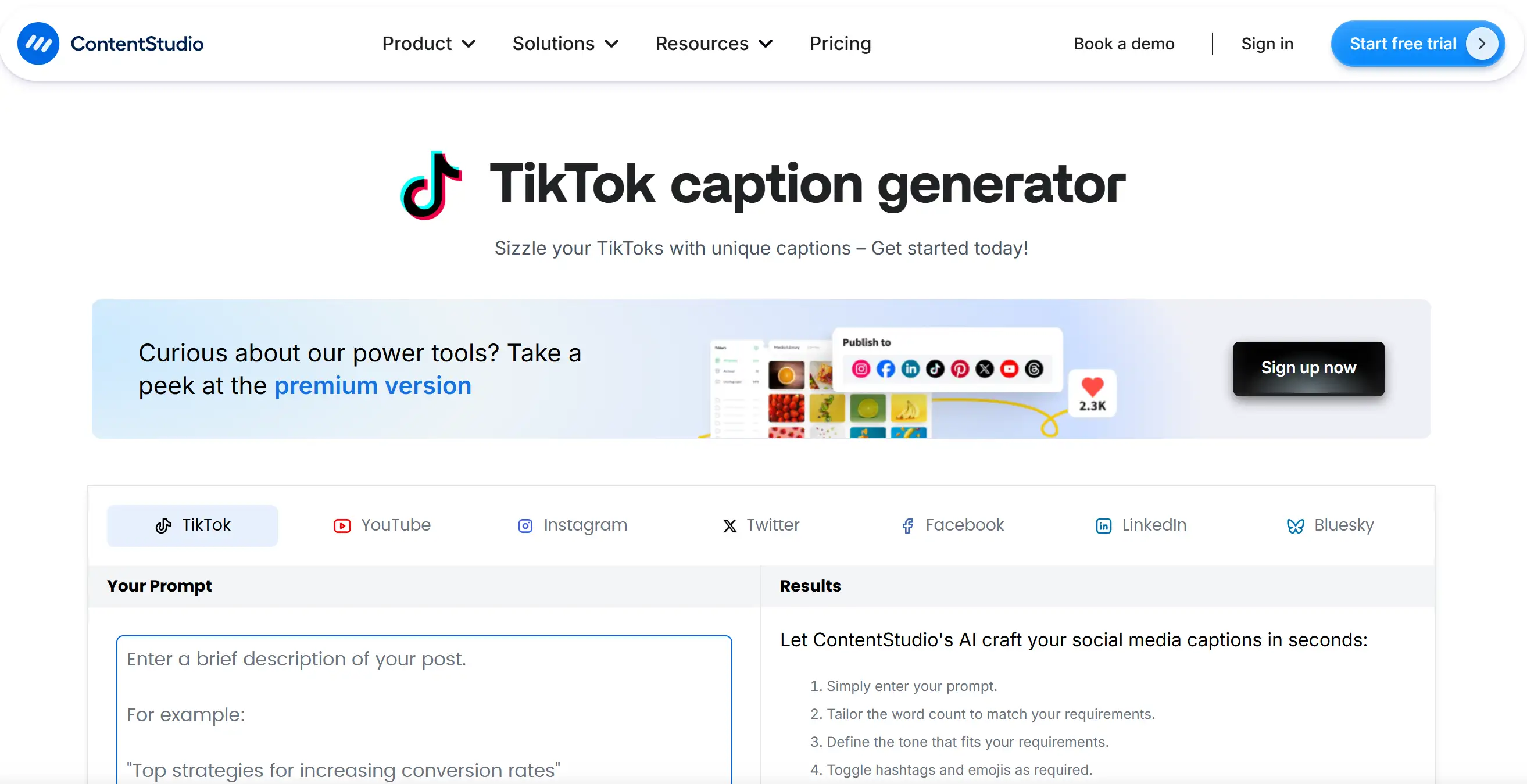 Homepage of ContentStudio TikTok Caption Generator Homepage of ContentStudio TikTok Caption Generator