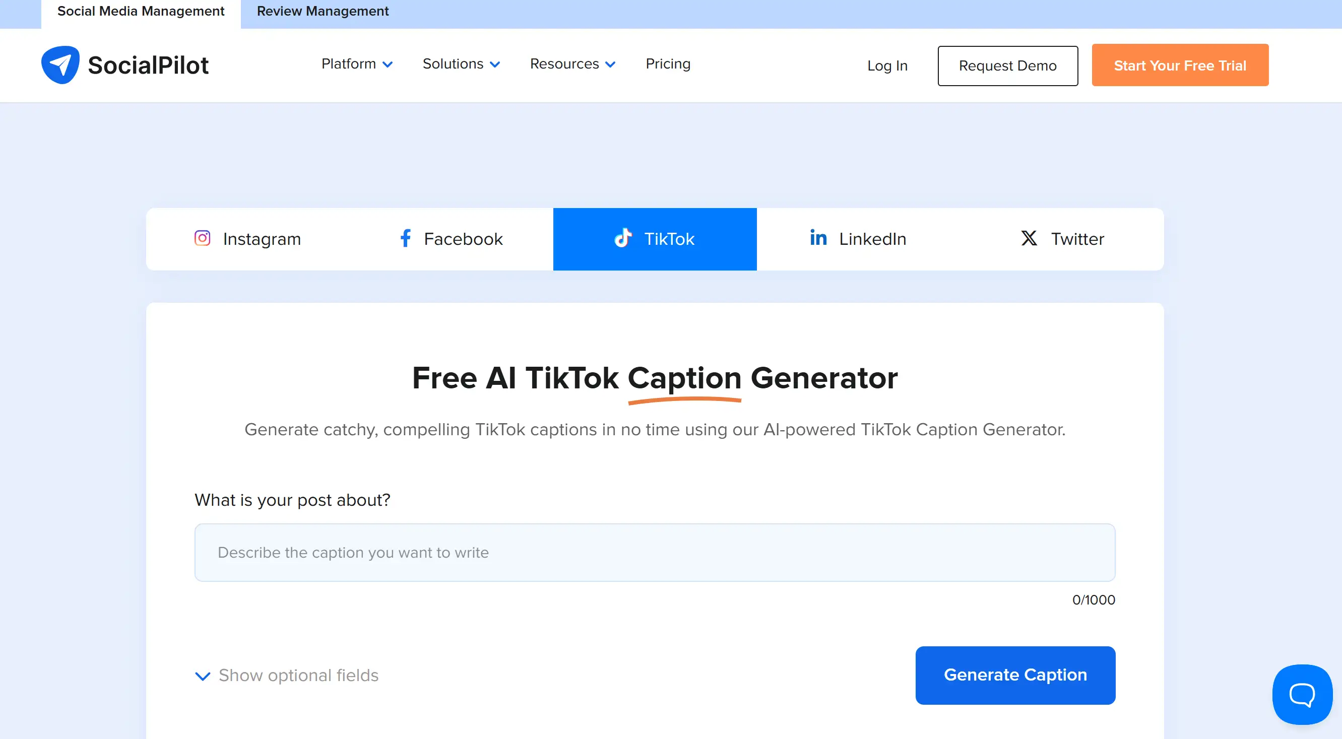 Homepage of SocialPilot AI TikTok Caption Generator Homepage of SocialPilot AI TikTok Caption Generator