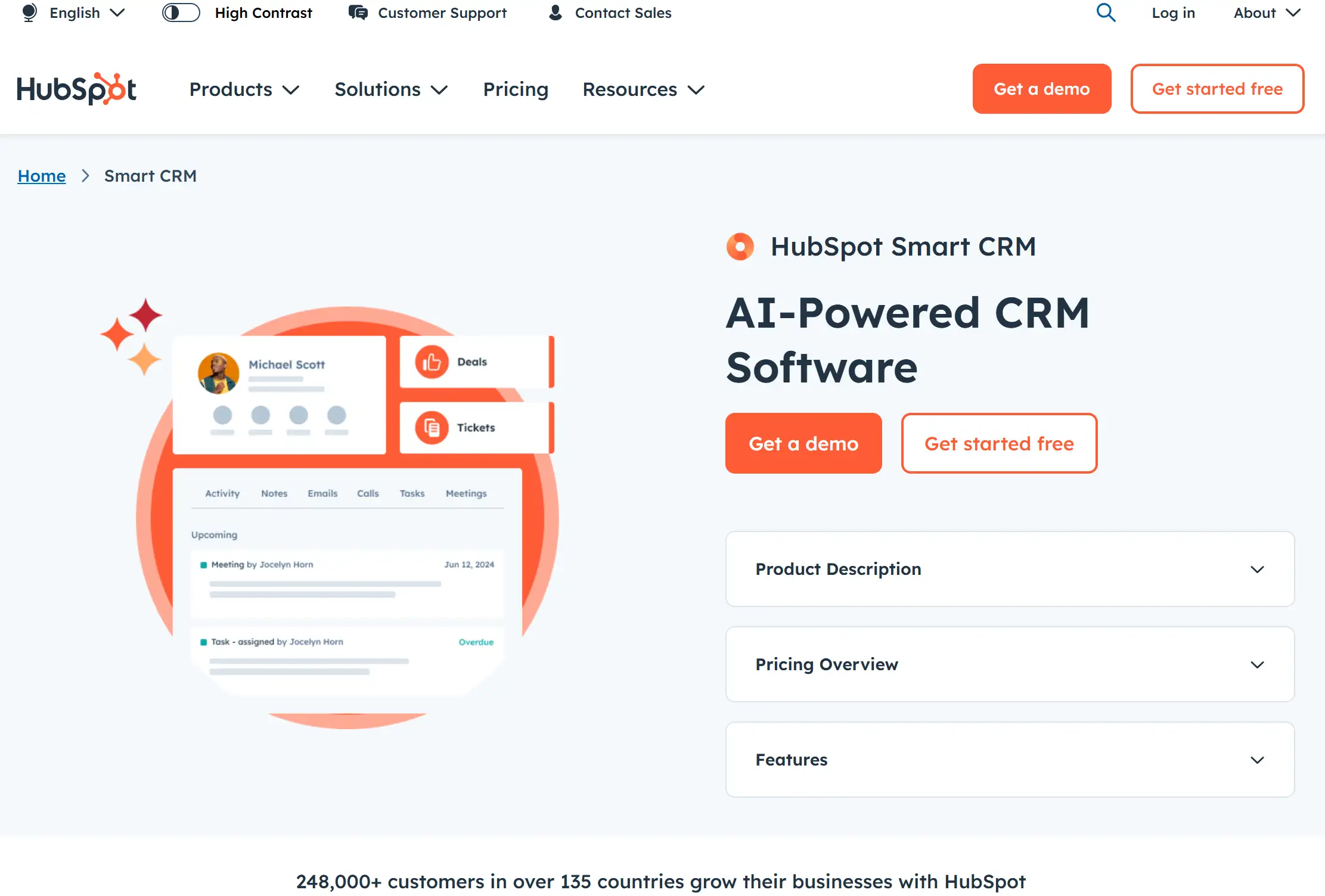 Homepage of HubSpot CRM service Homepage of HubSpot CRM service