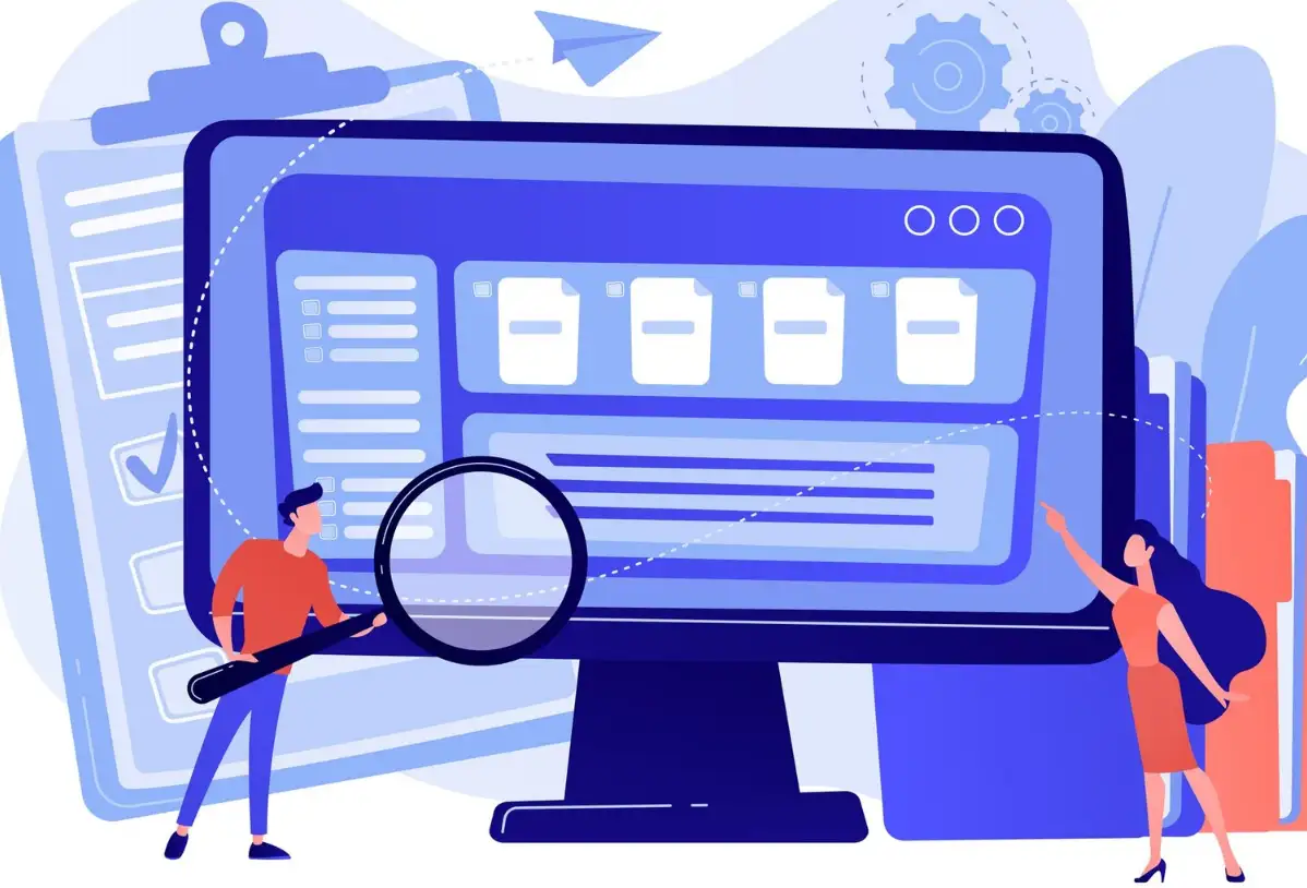 Tiny business people with a magnifier with document management to test Tiny business people with a magnifier with document management to test