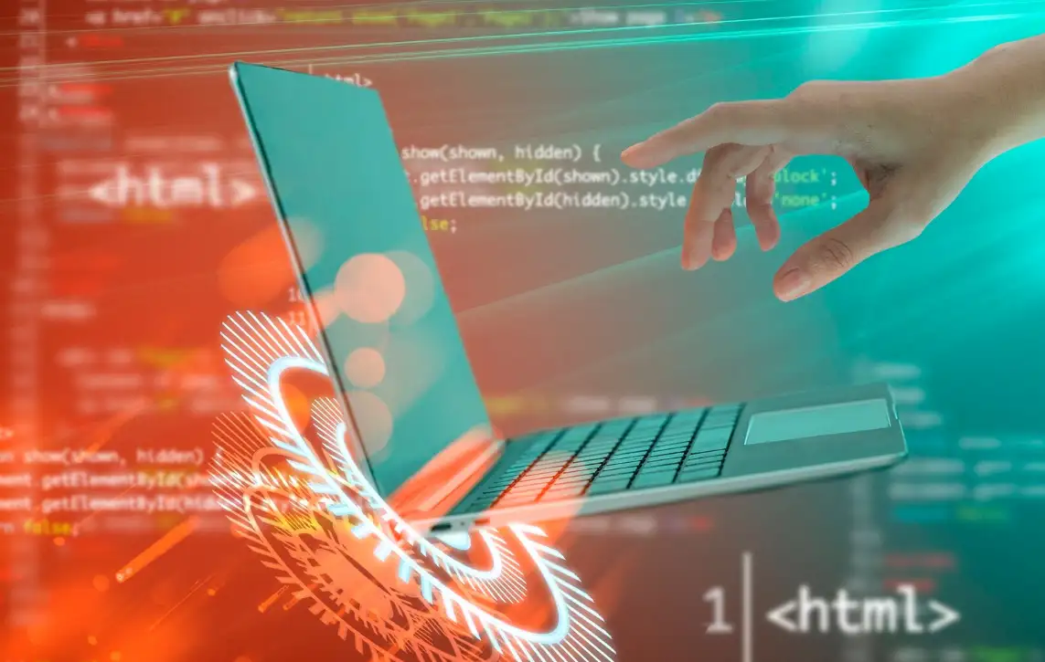 A hand trying to touch a computer screen to do backend development A hand trying to touch a computer screen to do backend development
