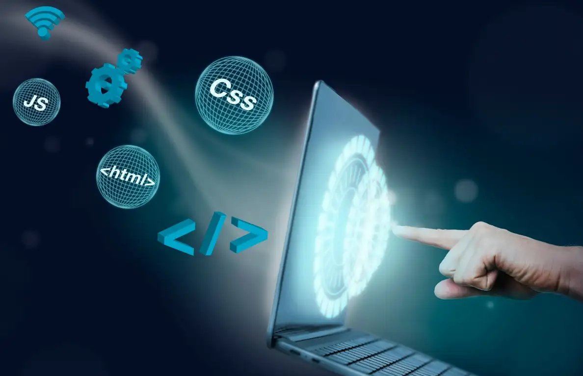A finger pointing at a computer screen to do fronted development A finger pointing at a computer screen to do fronted development