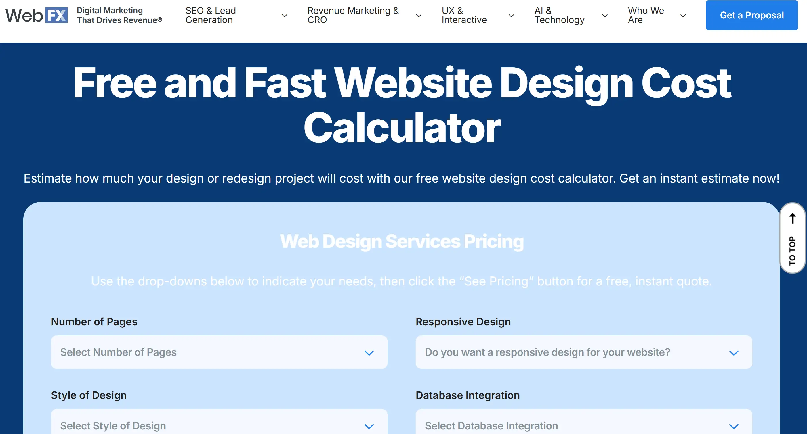 Homepage of WebFX website design cost calculator Homepage of WebFX website design cost calculator
