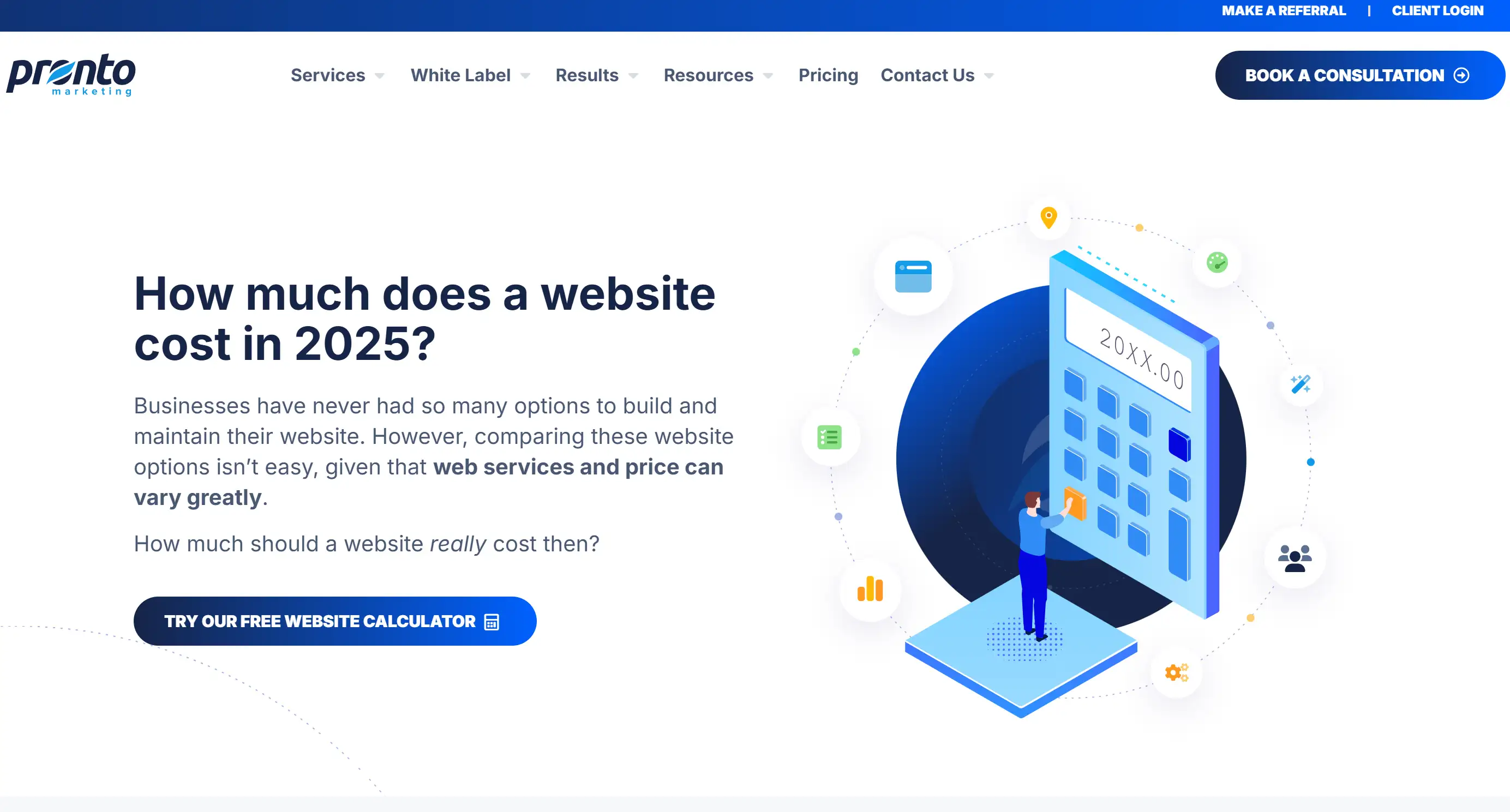 Homepage of Pronto website cost calculator Homepage of Pronto website cost calculator
