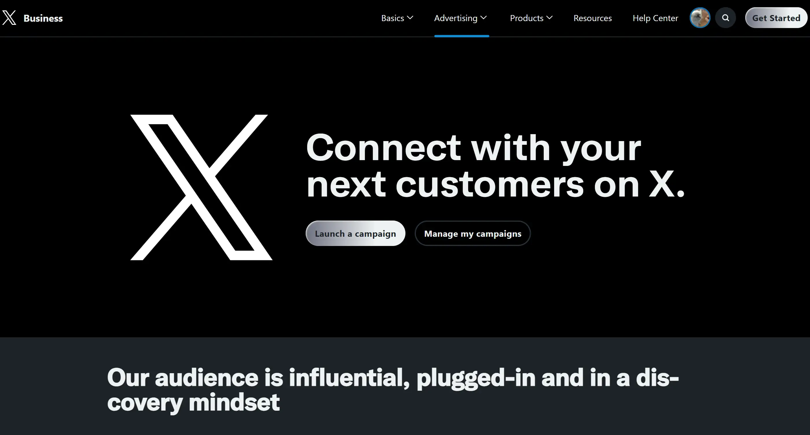 Landing page of X business Landing page of X business