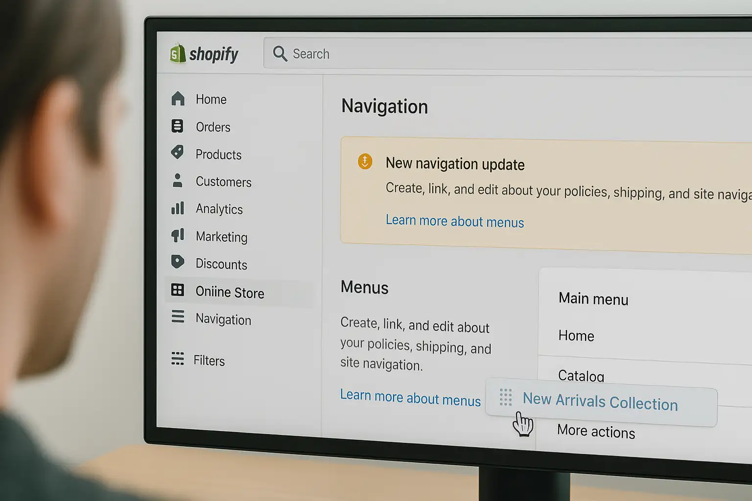 Organizing the online store's main menu in the Shopify navigation editor to ensure easy browsing for customers.