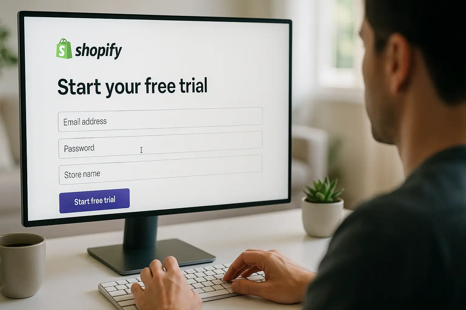 A user beginning the Shopify setup guide by entering their details on the Shopify free trial sign-up page.