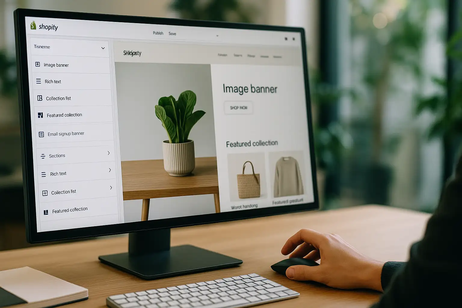 A user engaging in Shopify theme customization using the intuitive drag-and-drop editor to design their online store's homepage.