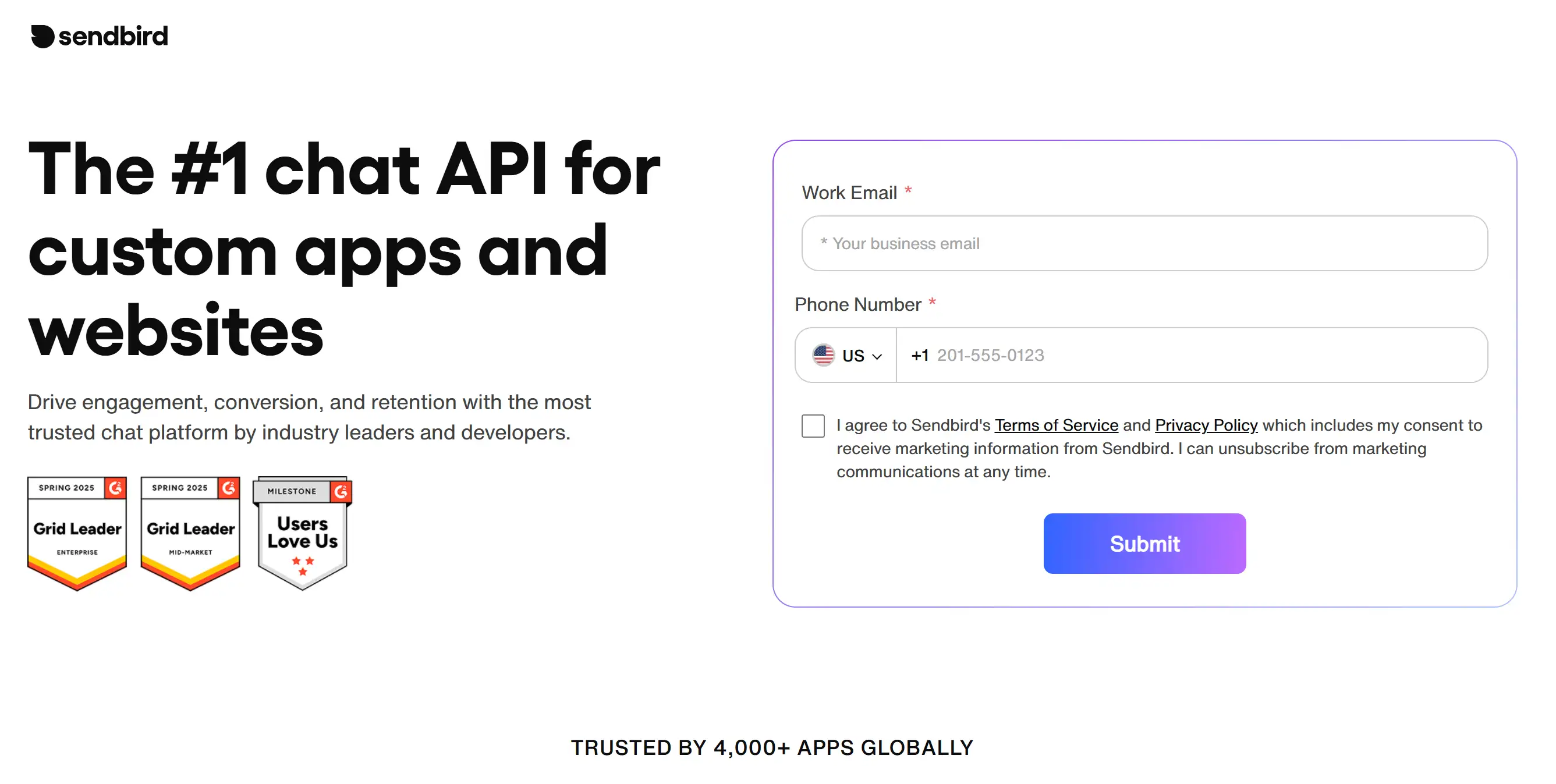 Homepage of Sendbird AI agent platform Homepage of Sendbird AI agent platform