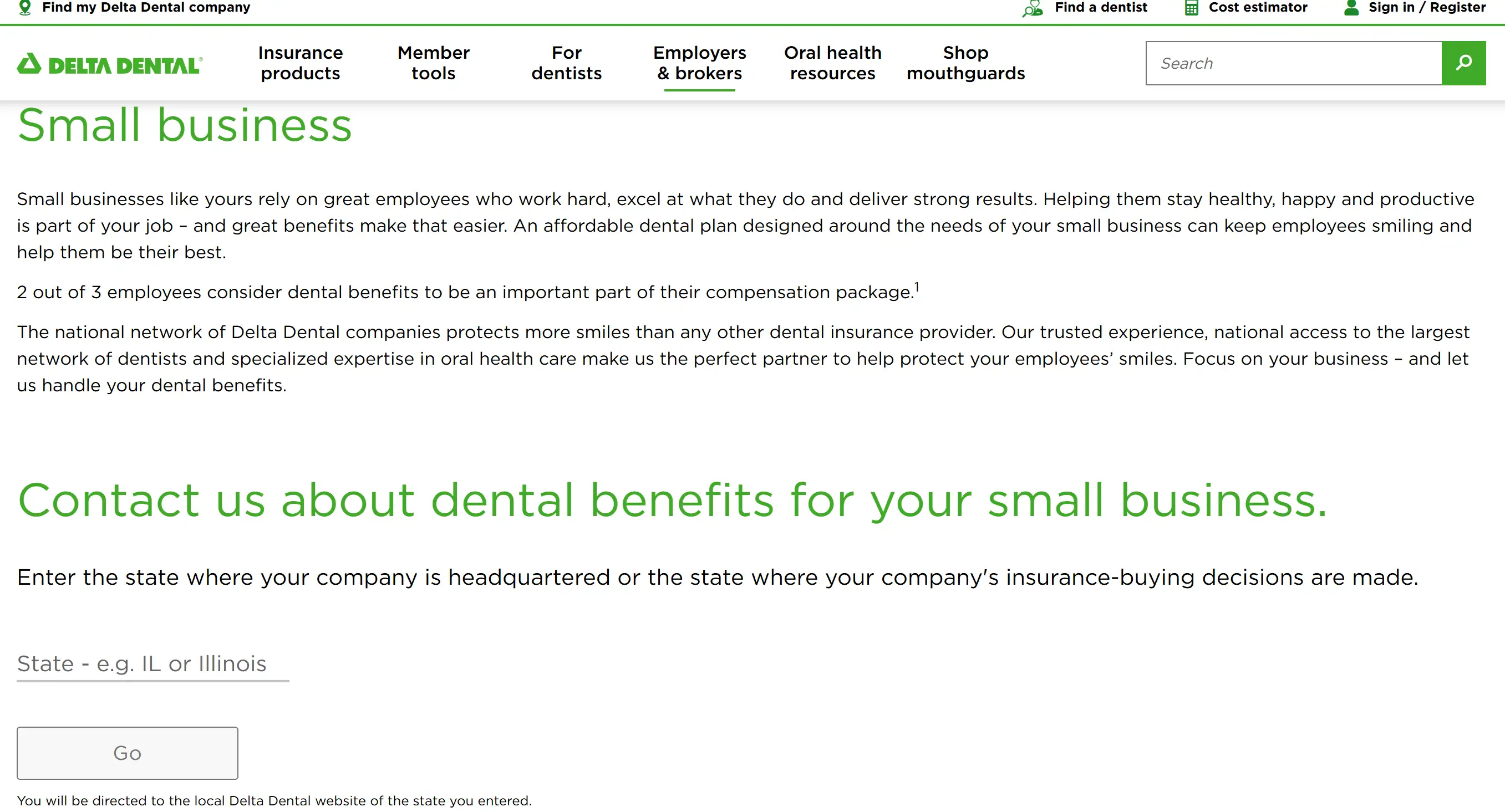 Delta Dental's service web page for small businesses Delta Dental's service web page for small businesses