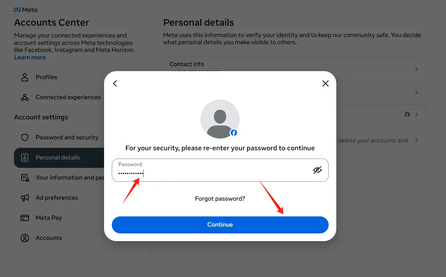 Enter your Facebook password and click "Continue"