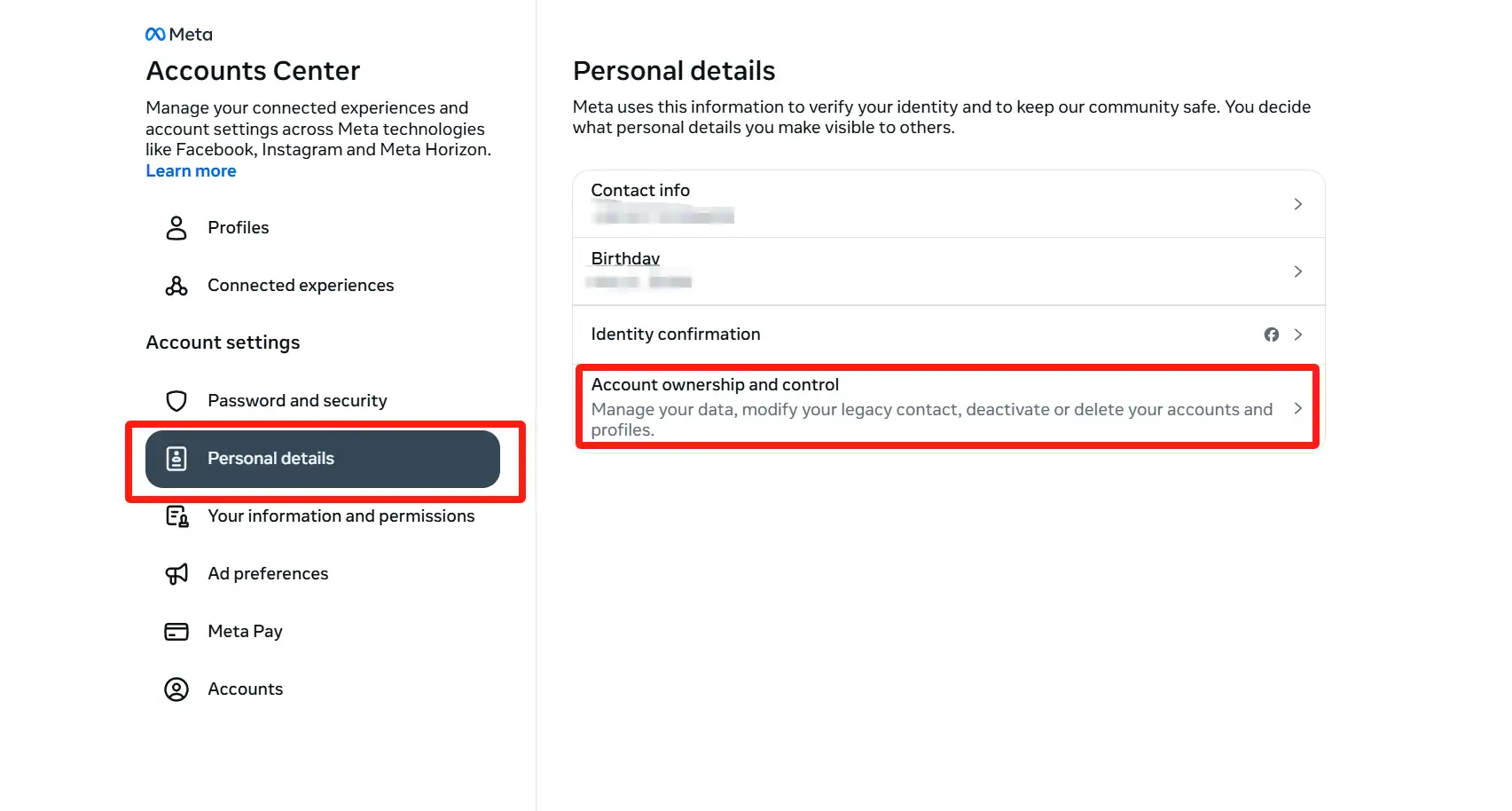 Tap "Account ownership and control"