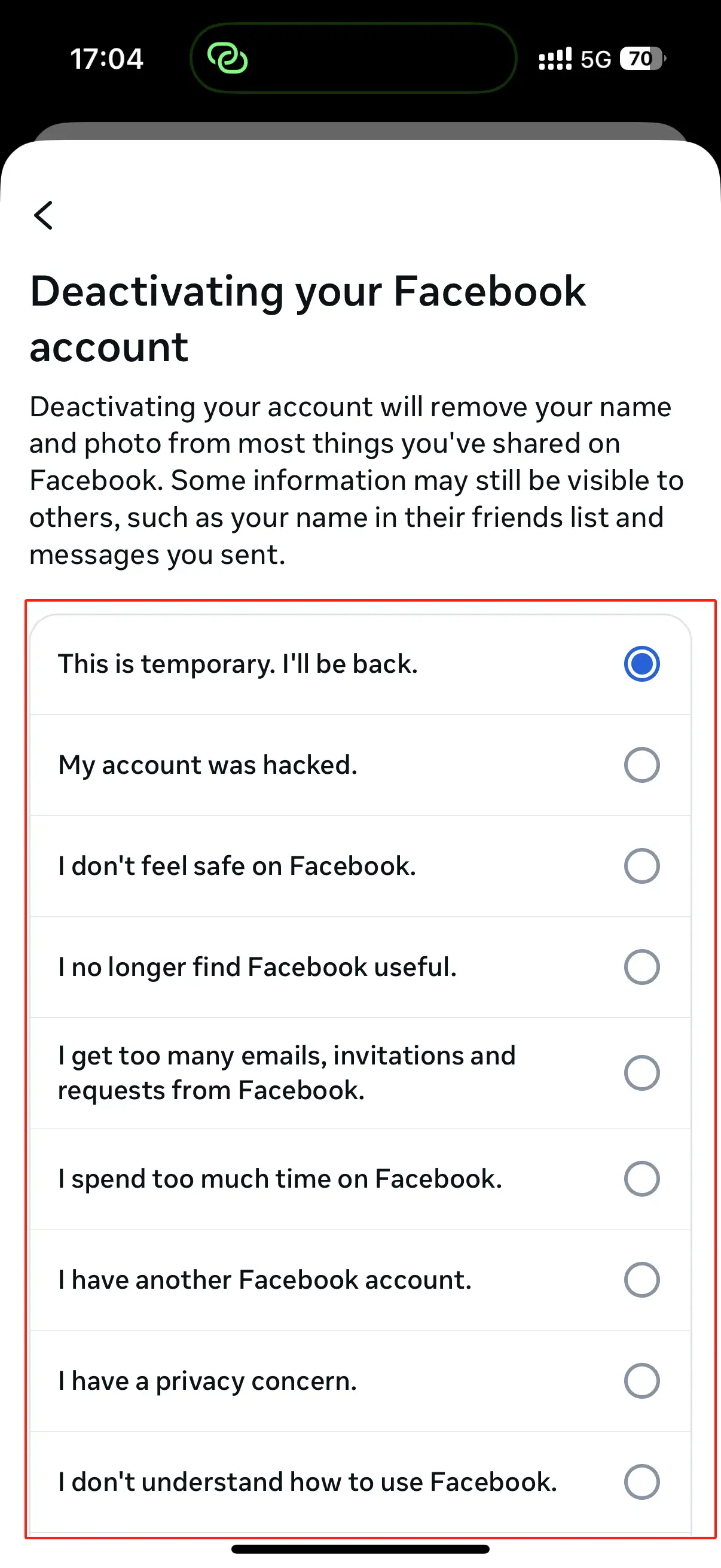 Select the reason you want to deactivate and click "Continue"