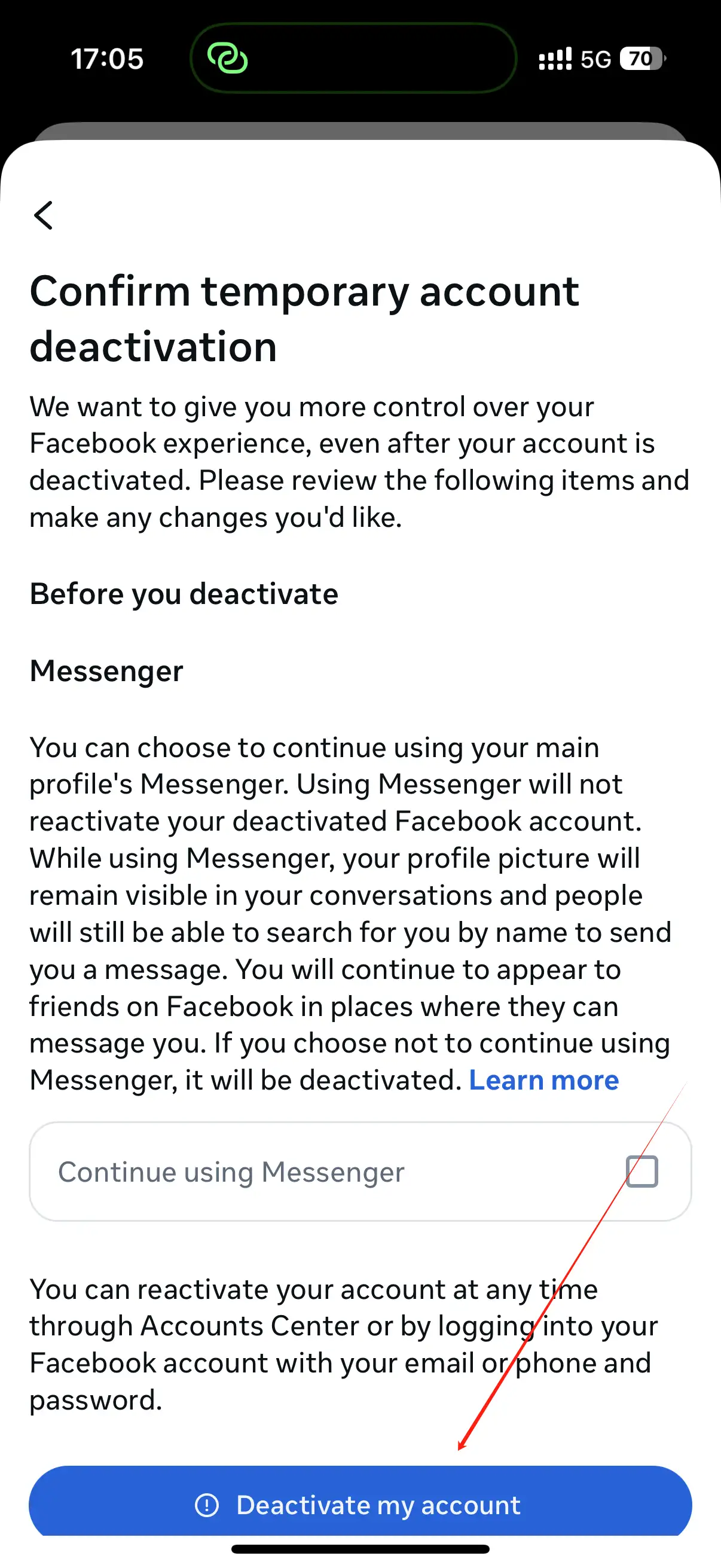 Click the blue "Deactivate My Account" button