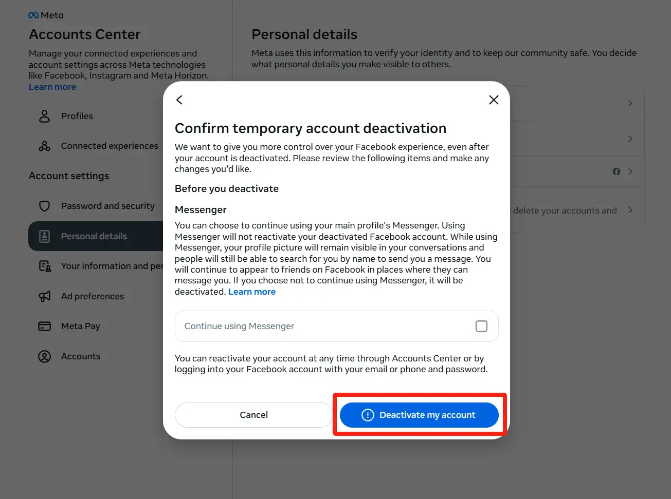 Click the blue "Deactivate My Account" button