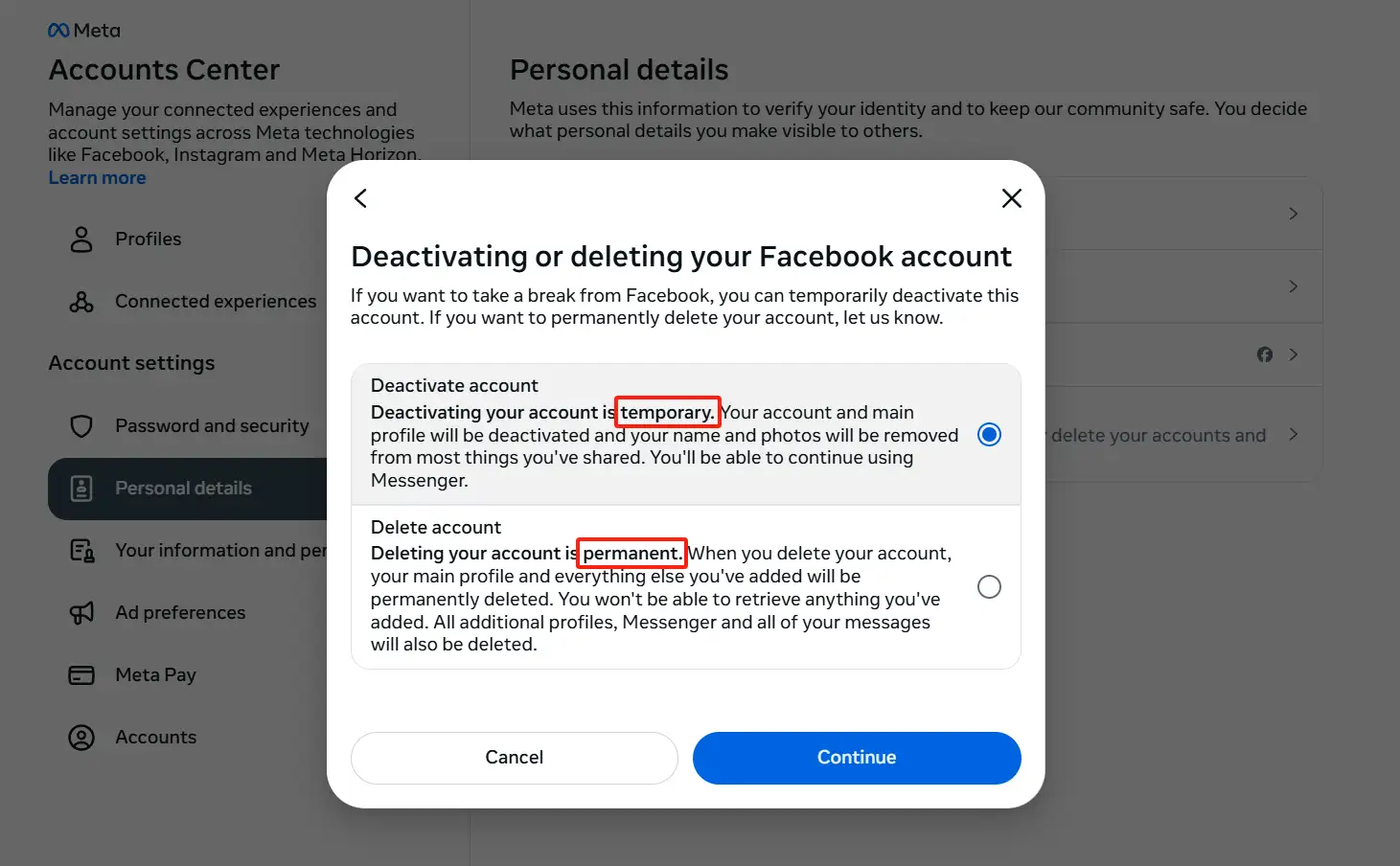 Select "Deactivate Account"