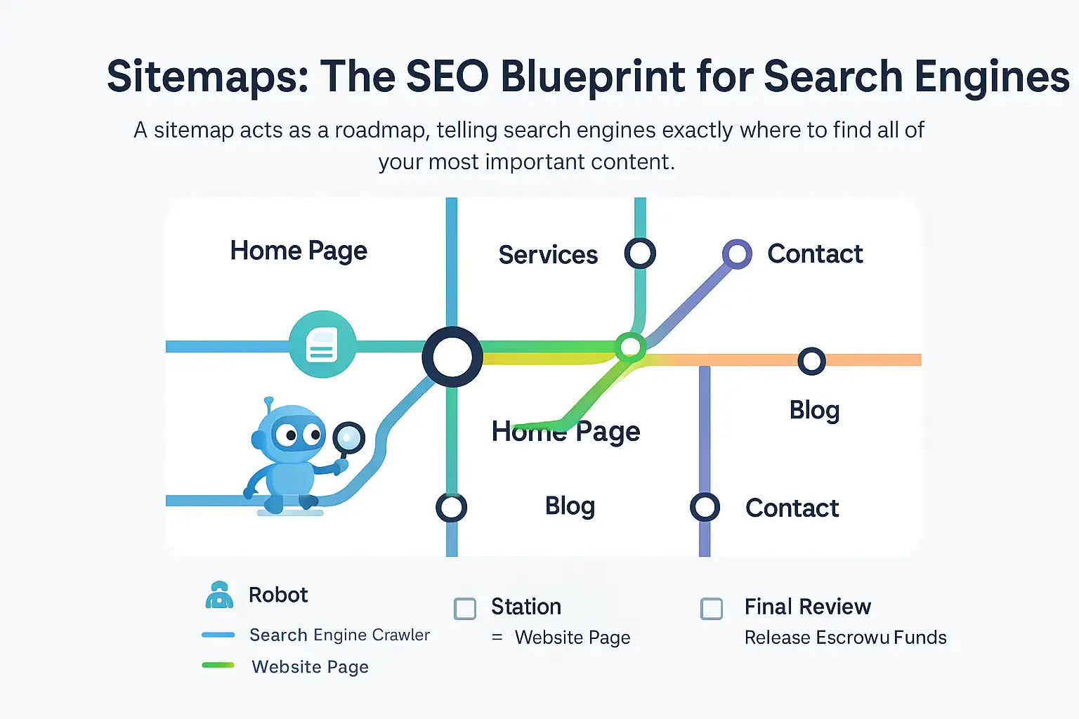 Illustration explaining what a sitemap is and its importance for SEO, showing a clear path for crawlers.