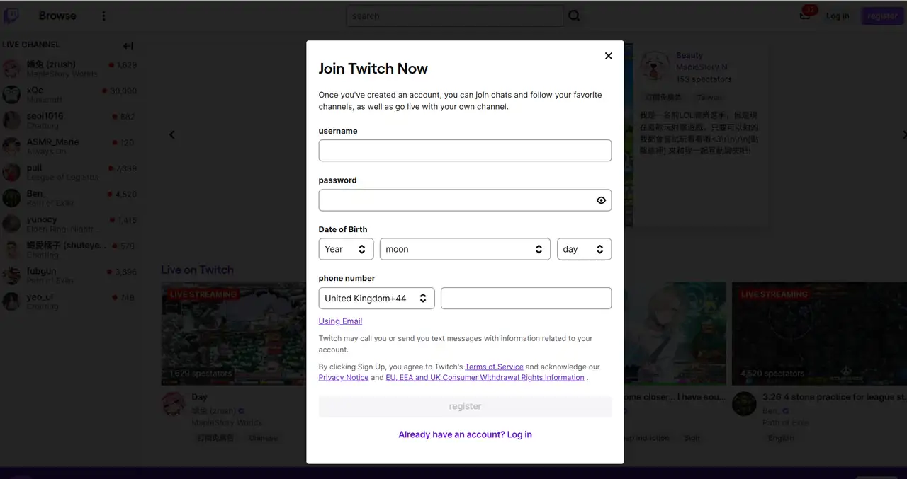 create a twitch account