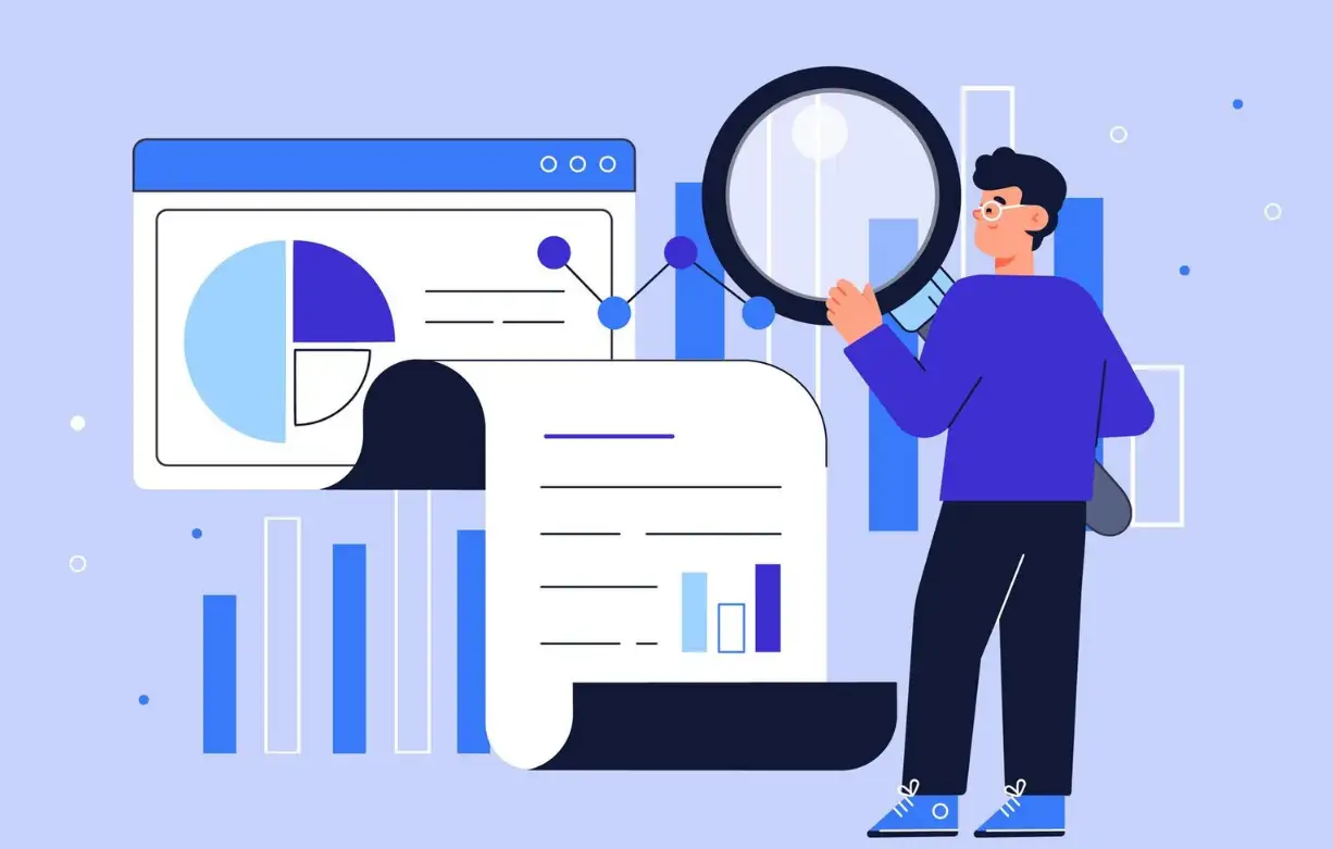 A man holding a magnifier analysing blue growth charts A man holding a magnifier analysing blue growth charts