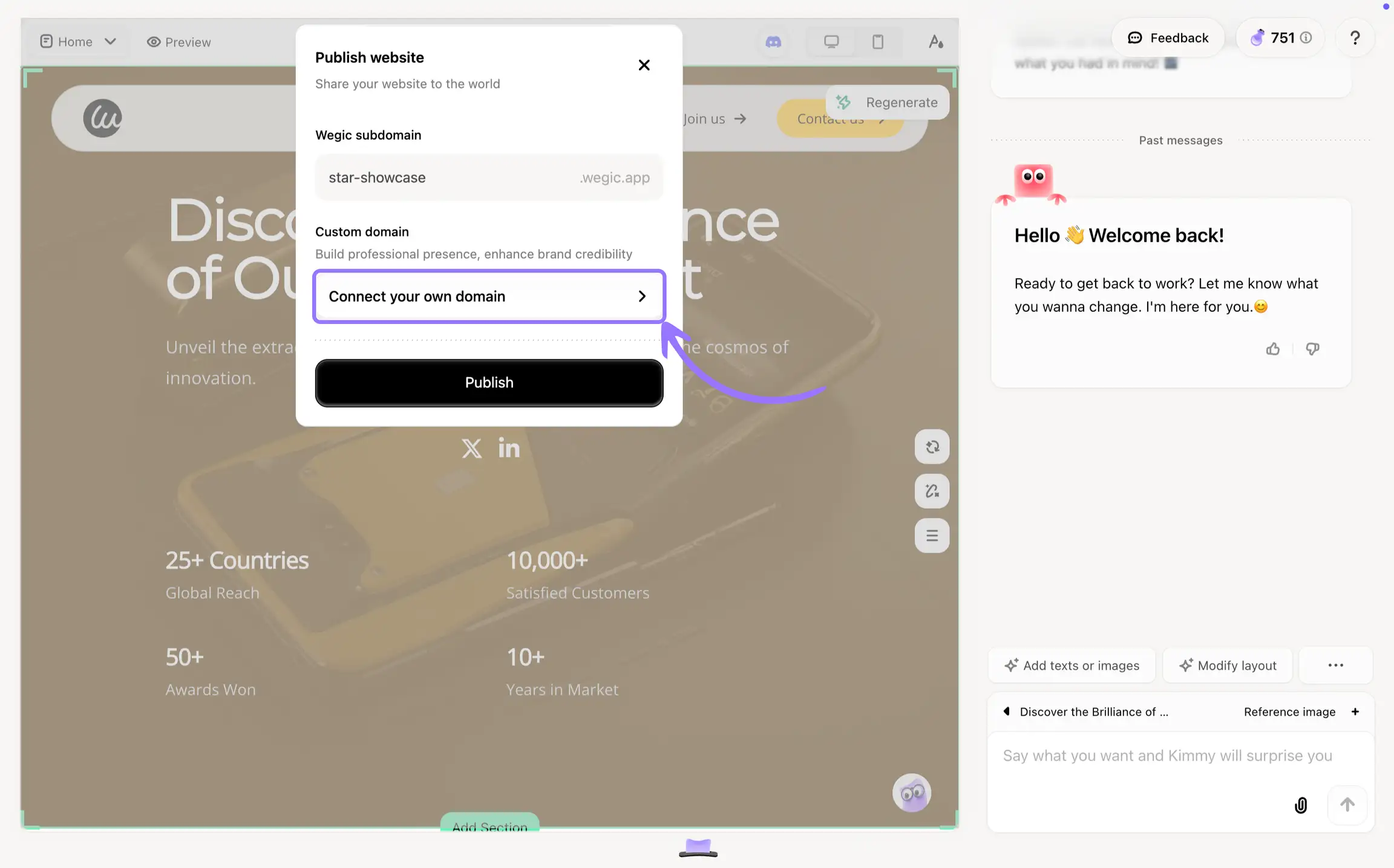A purple arrow points to the Connect your own domain button on Wegic