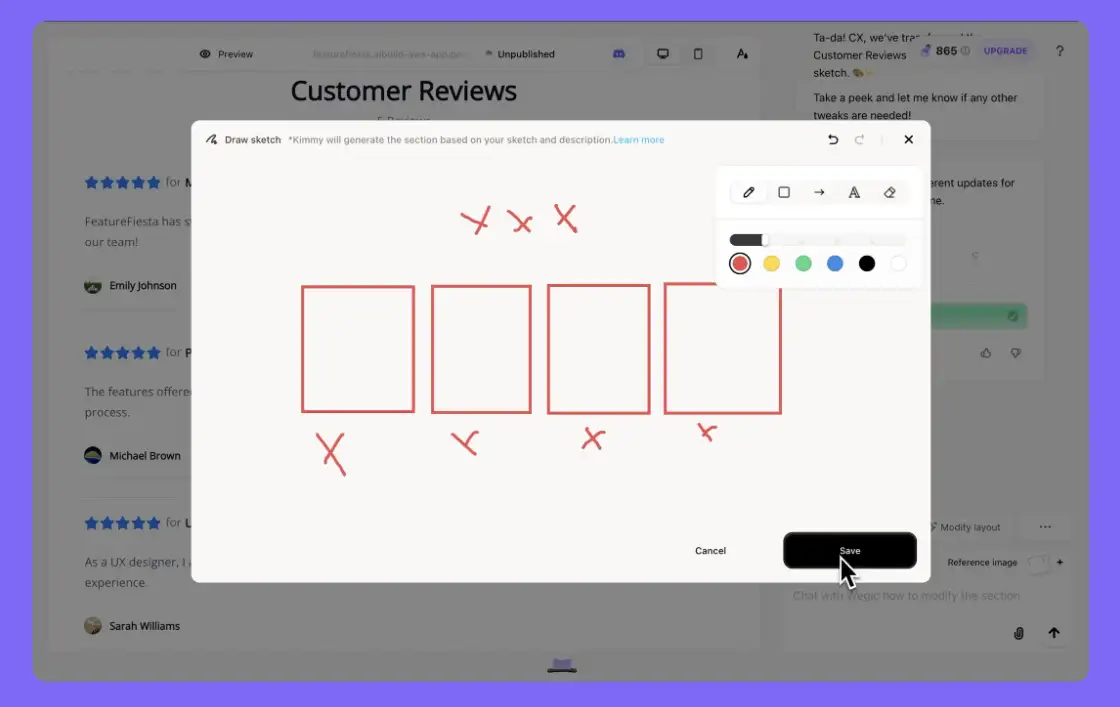 A sketch drawn on Wegic shows a grid of four boxes with crosses in between.