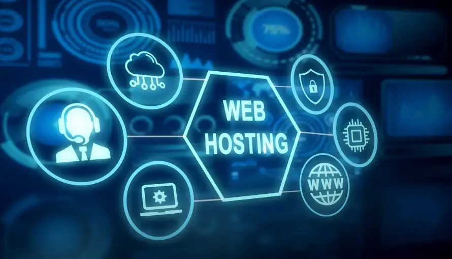 a screen showing a website hosting concept with some internet-related icons