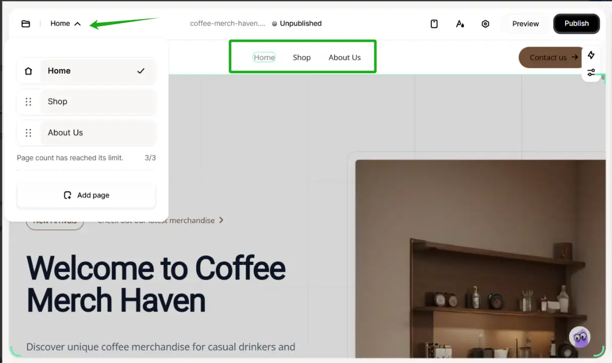 A green box highlights the website navigation bar being edited on Wegic, with a green arrow pointing to the page management window.