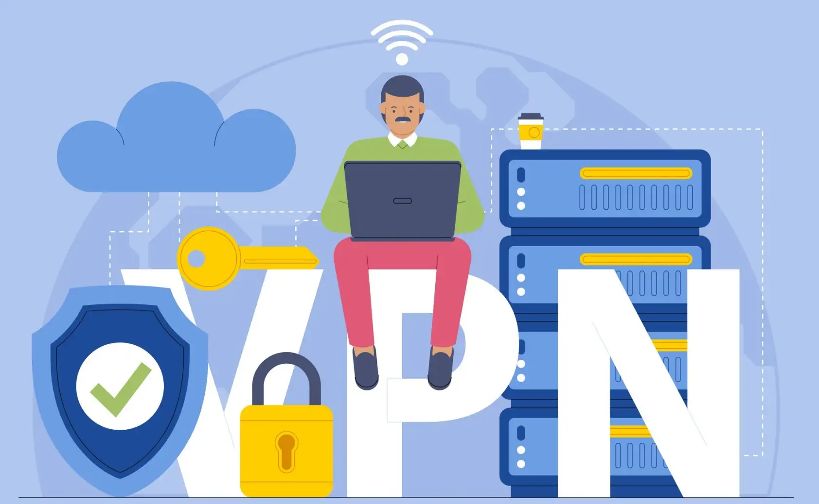 a man sitting on the text VPN beside a server