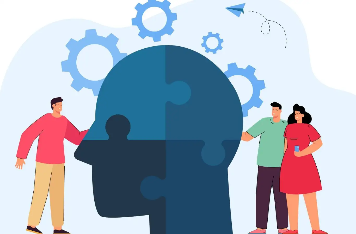 people putting pieces of a jigsaw head puzzle together