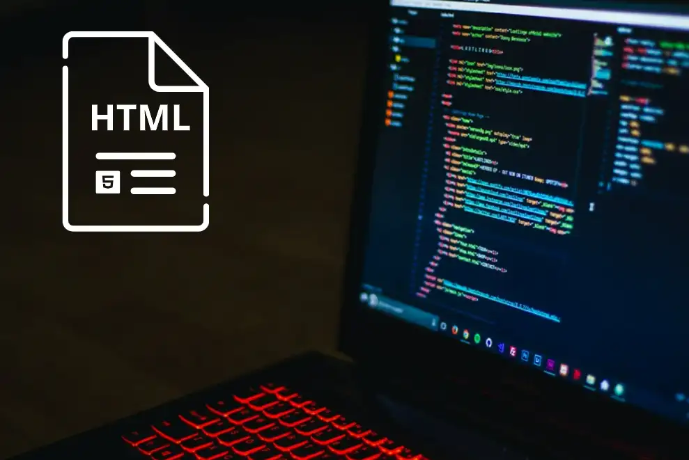 HTML icon floats around a laptop