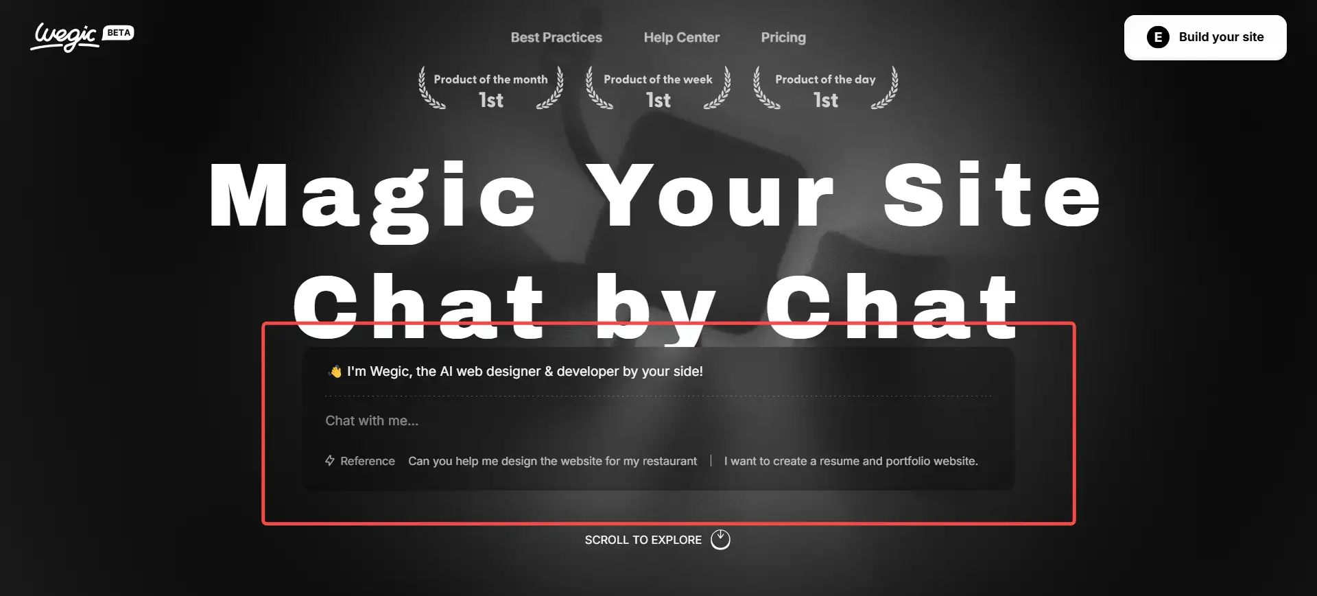 wegic homepage with the chat bar highlighted