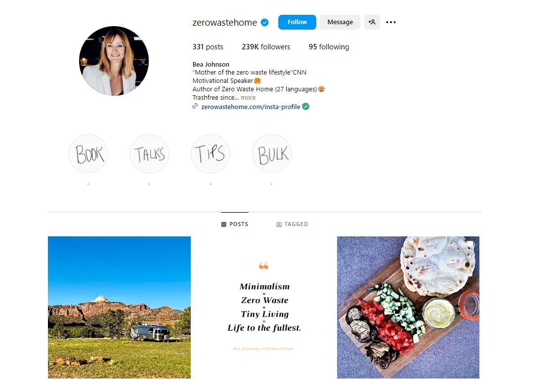zerowastehome instagram highlighting sustainable living 239k followers