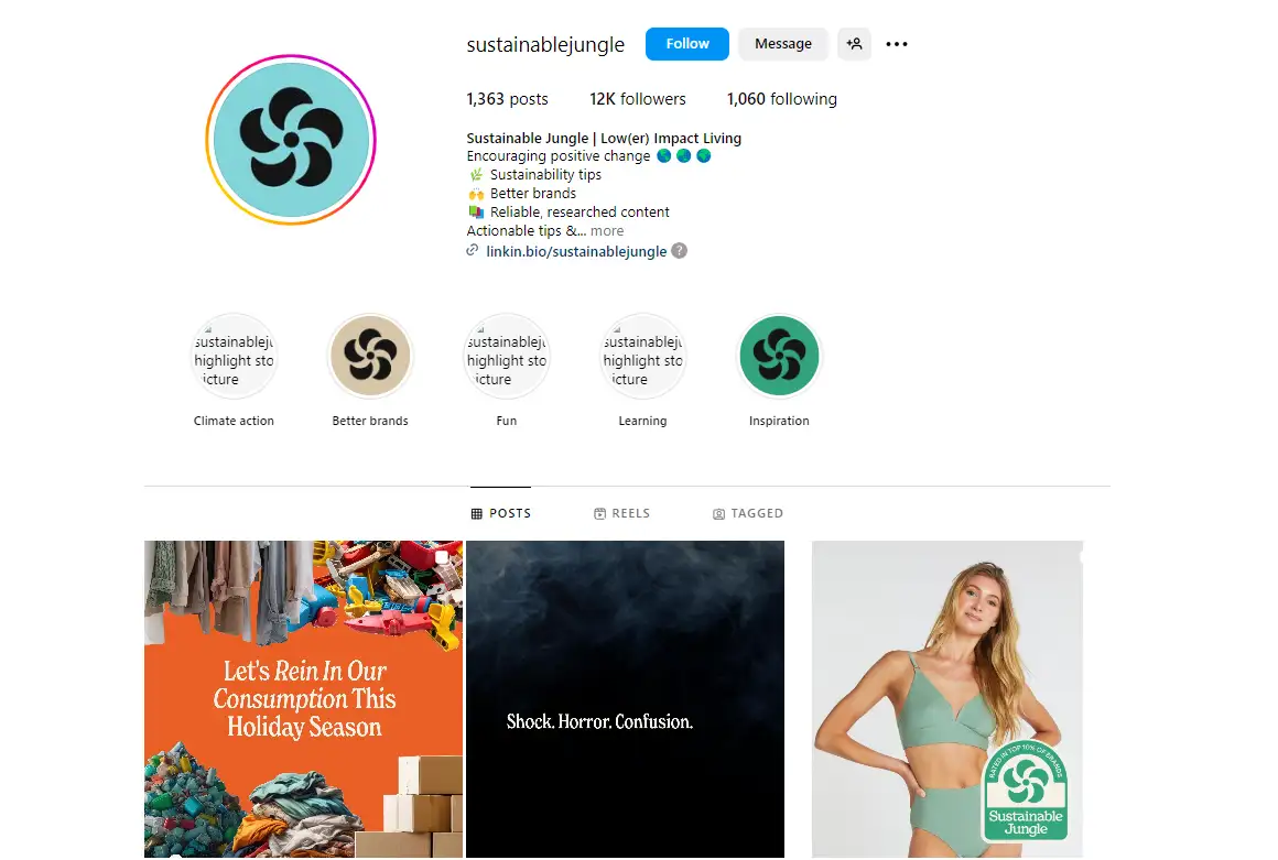 instagram profile page sustainablejungle focused on sustainable living posts