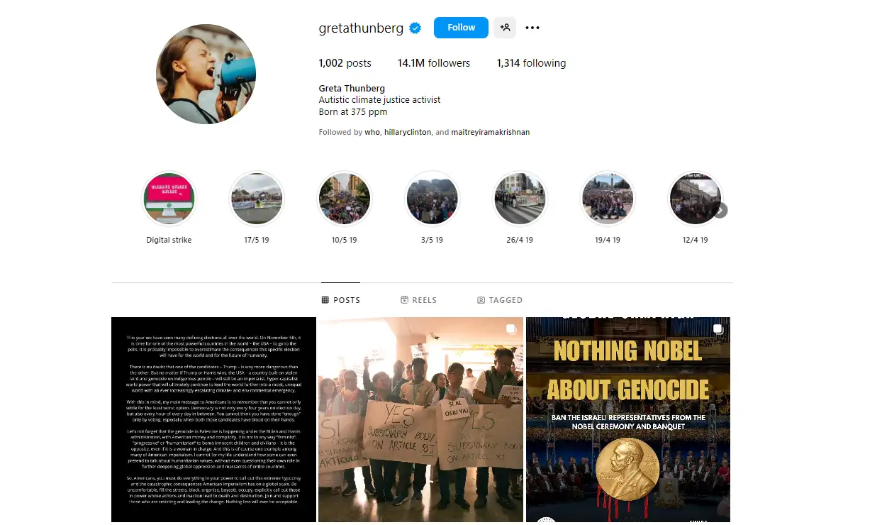 instagram profile page with posts on climate activism protest