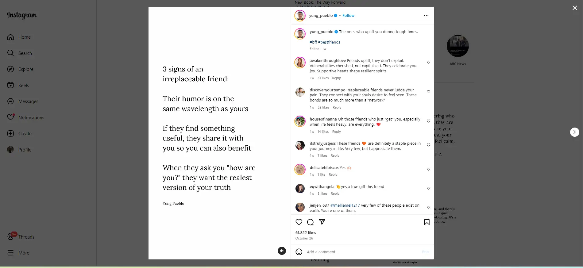 screenshot of instagram post about irreplaceable friend traits