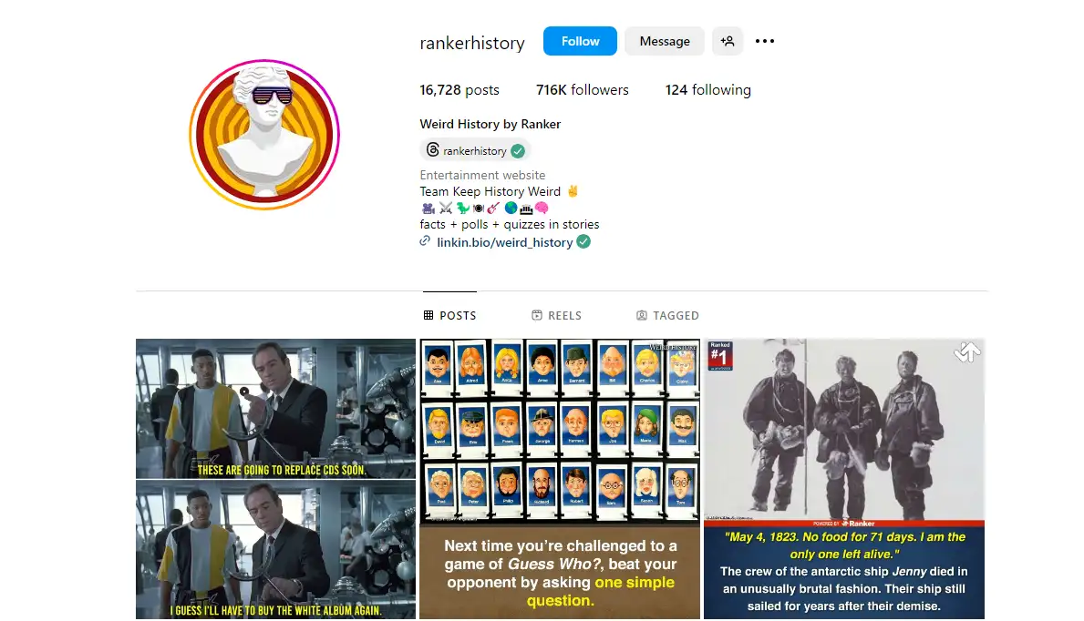 social media profile with posts on historical trivia memes