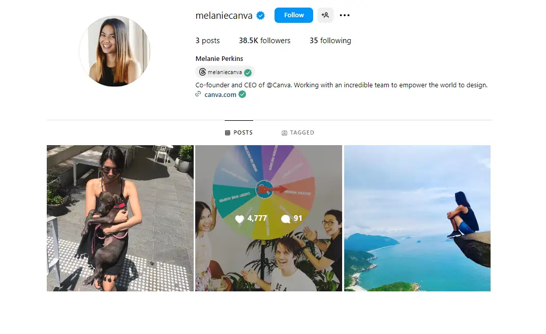 instagram profile page with 3 posts 38.5k followers bio