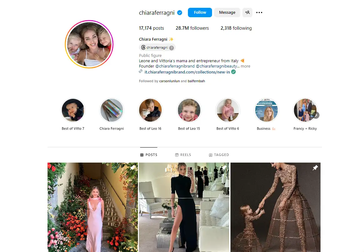 instagram profile page with highlight stories and image thumbnails