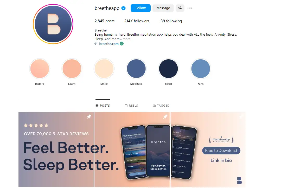 breethe social media profile with app promotion