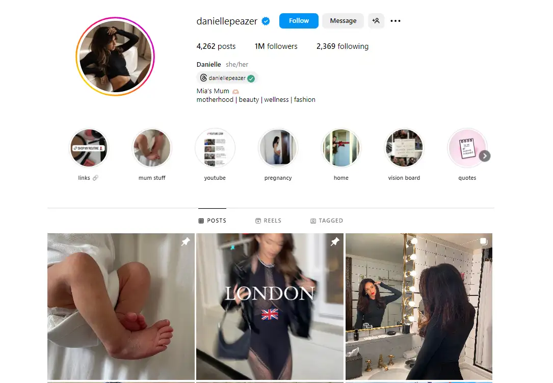instagram profile page with highlighted content categories and thumbnails