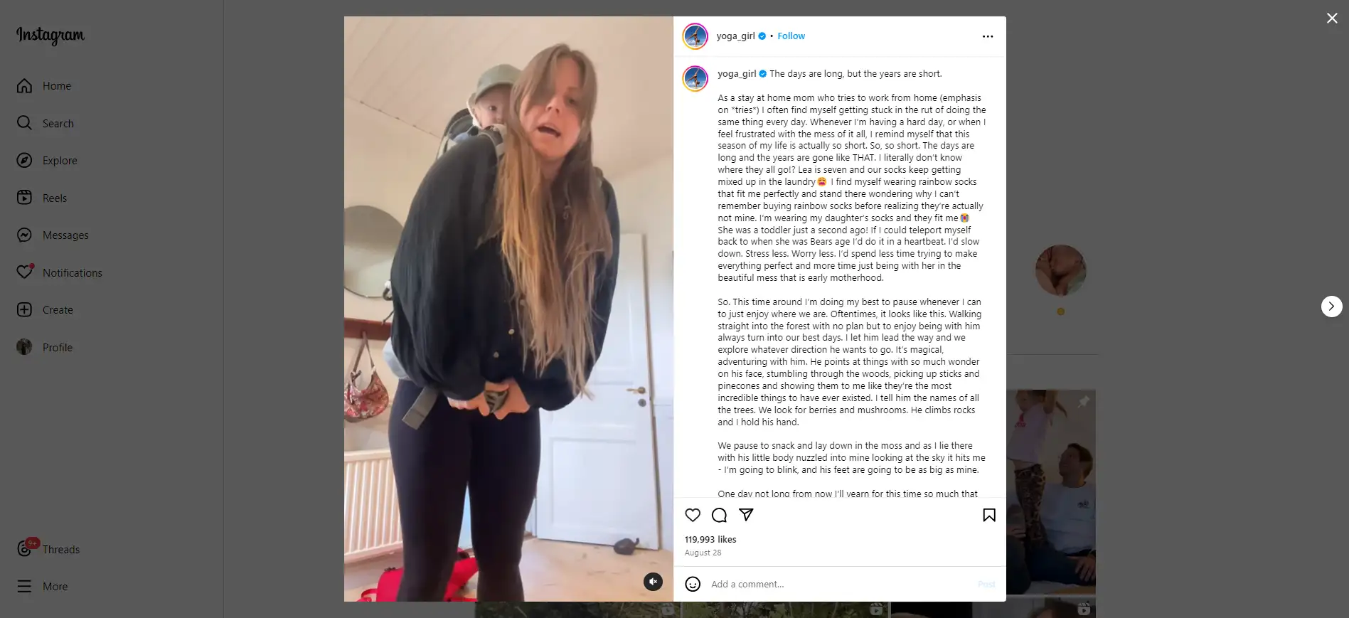 person in dark shirt leggings standing in room instagram interface