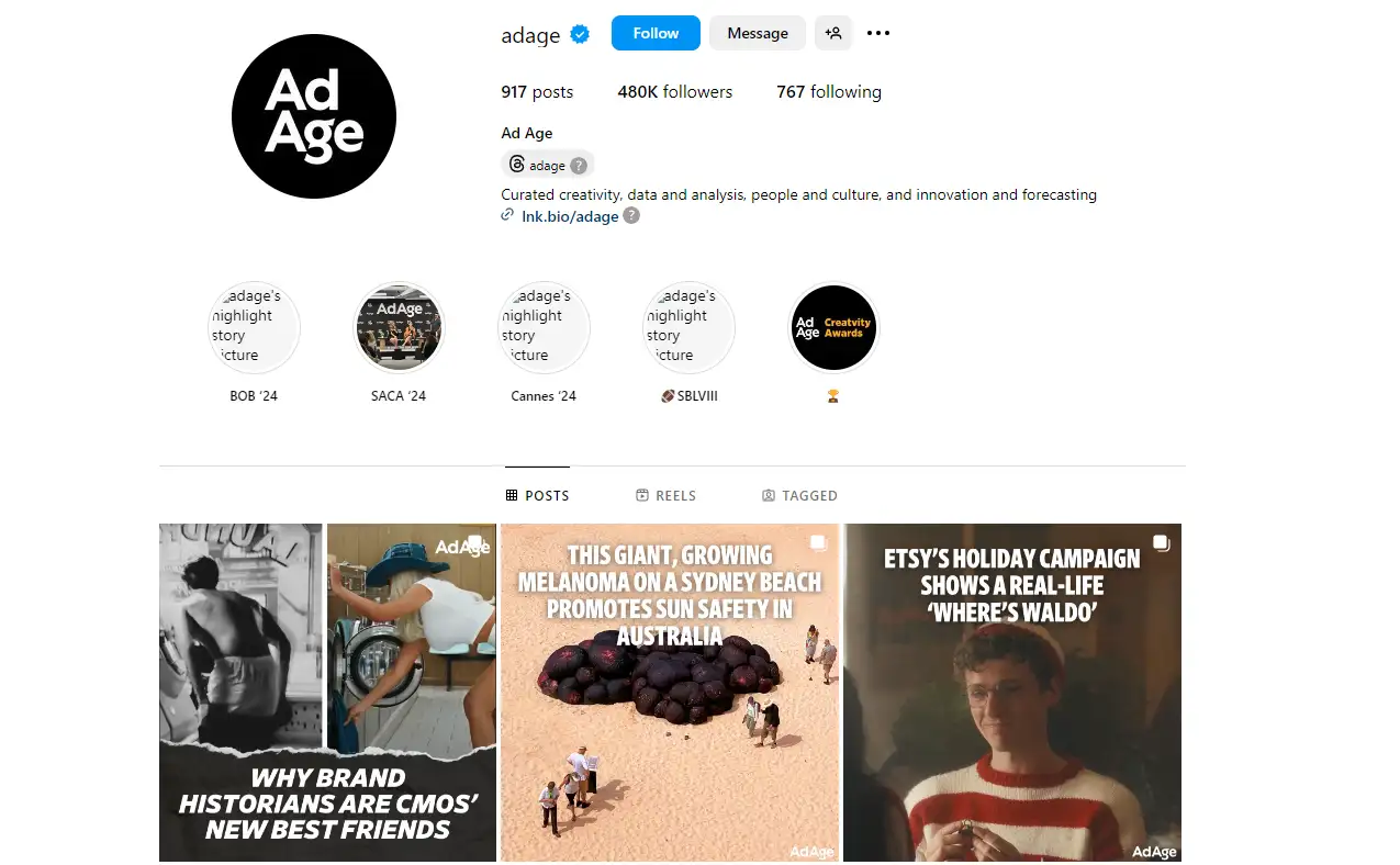 ad age instagram profile with advertising posts