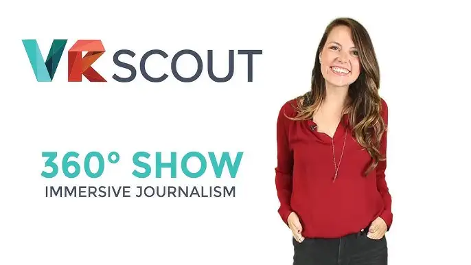 person in red blouse with vr scout logo and text