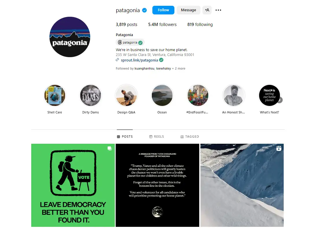 patagonia's instagram profile with environmental campaign images